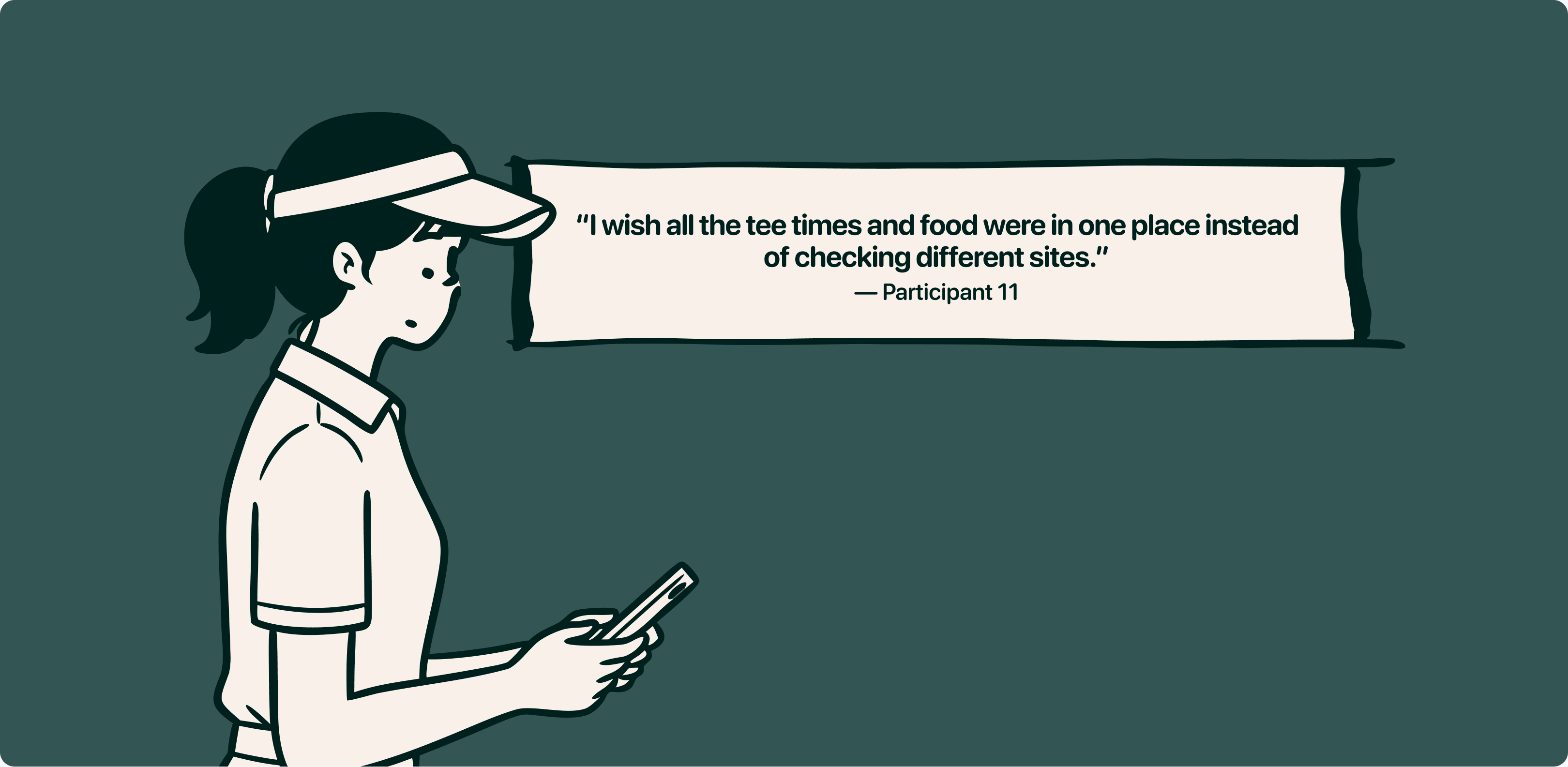 Illustration of a golfer with a speech banner reading: I wish all the tee times and food were in one place instead of checking different sites — Participant 11