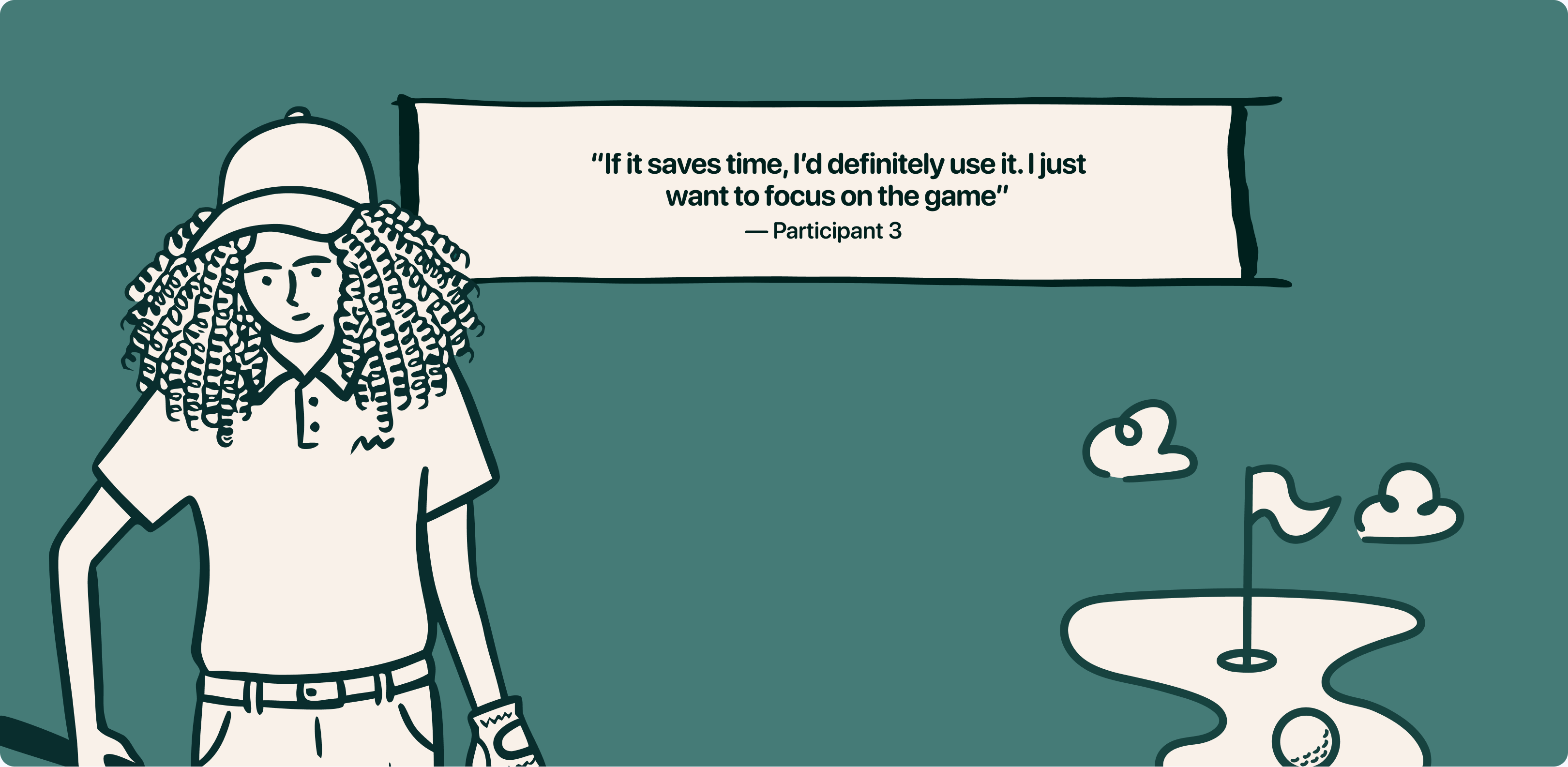 Illustration of a golfer with a speech banner reading: If it saves time, I'd definitely use it. I just want to focus on the game — Participant 3