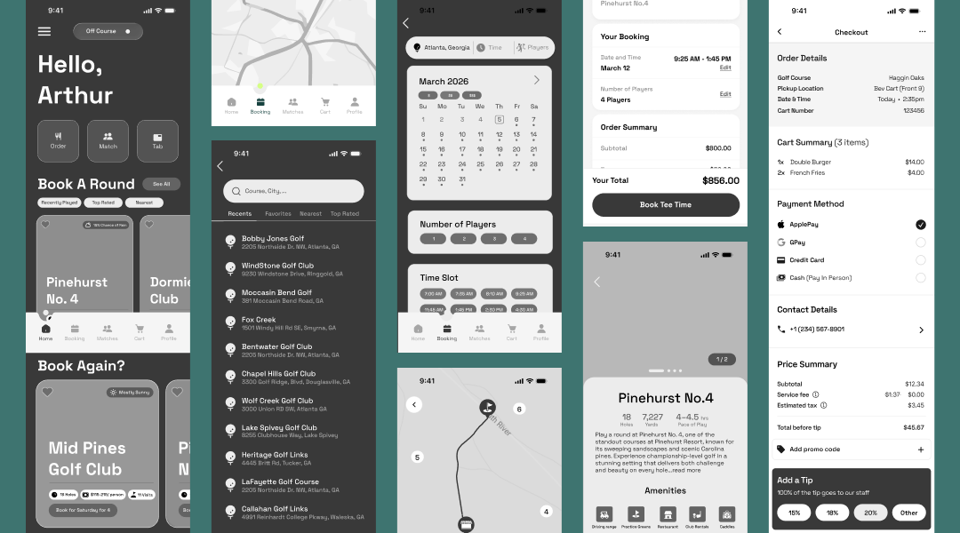 Booking flow: home screen with recommended courses, a course map, date and player selection, a booking summary with cart route tracking, and checkout