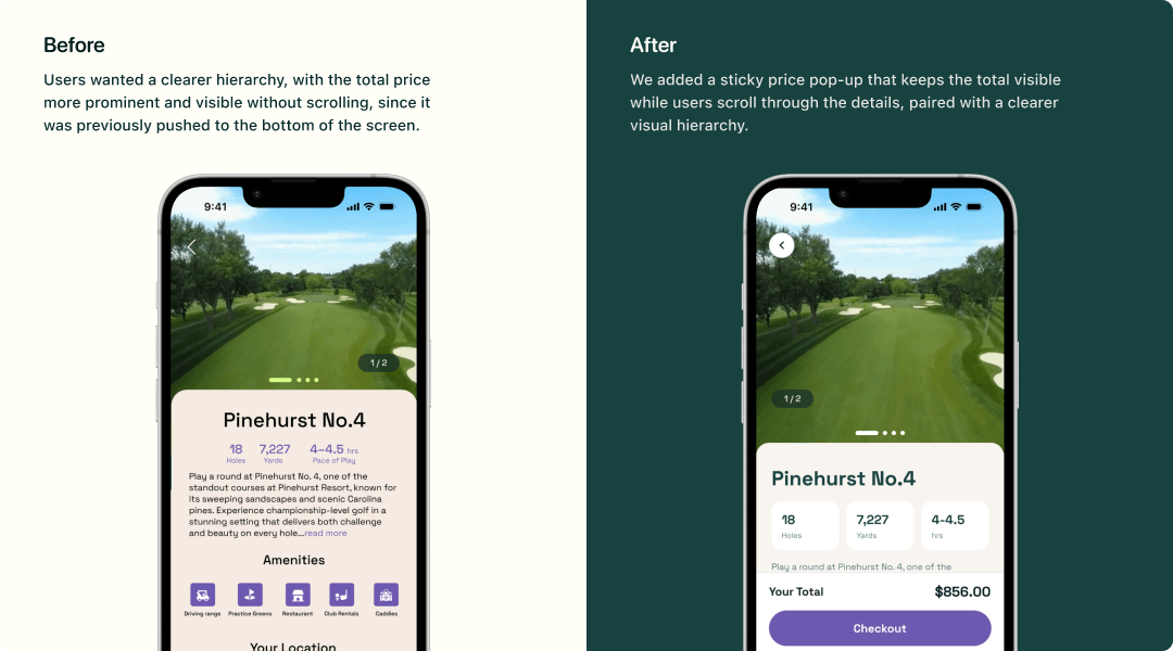 a sticky price pop-up keeps the total visible while scrolling