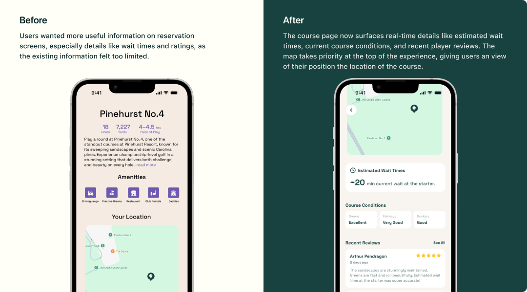 the course page surfaces wait times, conditions, and recent reviews