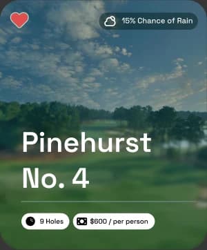 Course card in the Clubhaus app showing Pinehurst No. 4 with a 9 hole, $600 per person tag