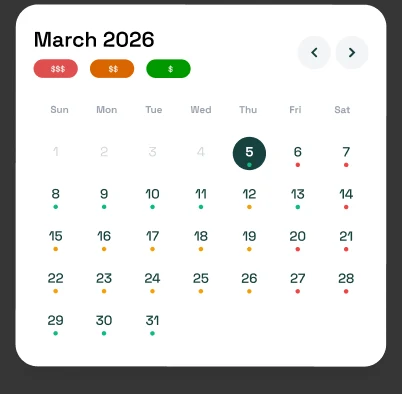 March 2026 calendar with color-coded tee time demand tags
