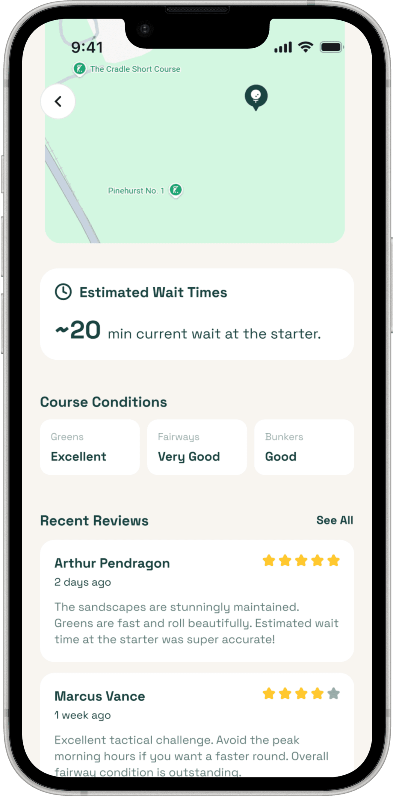 After: the course page surfaces wait times, conditions, and recent reviews