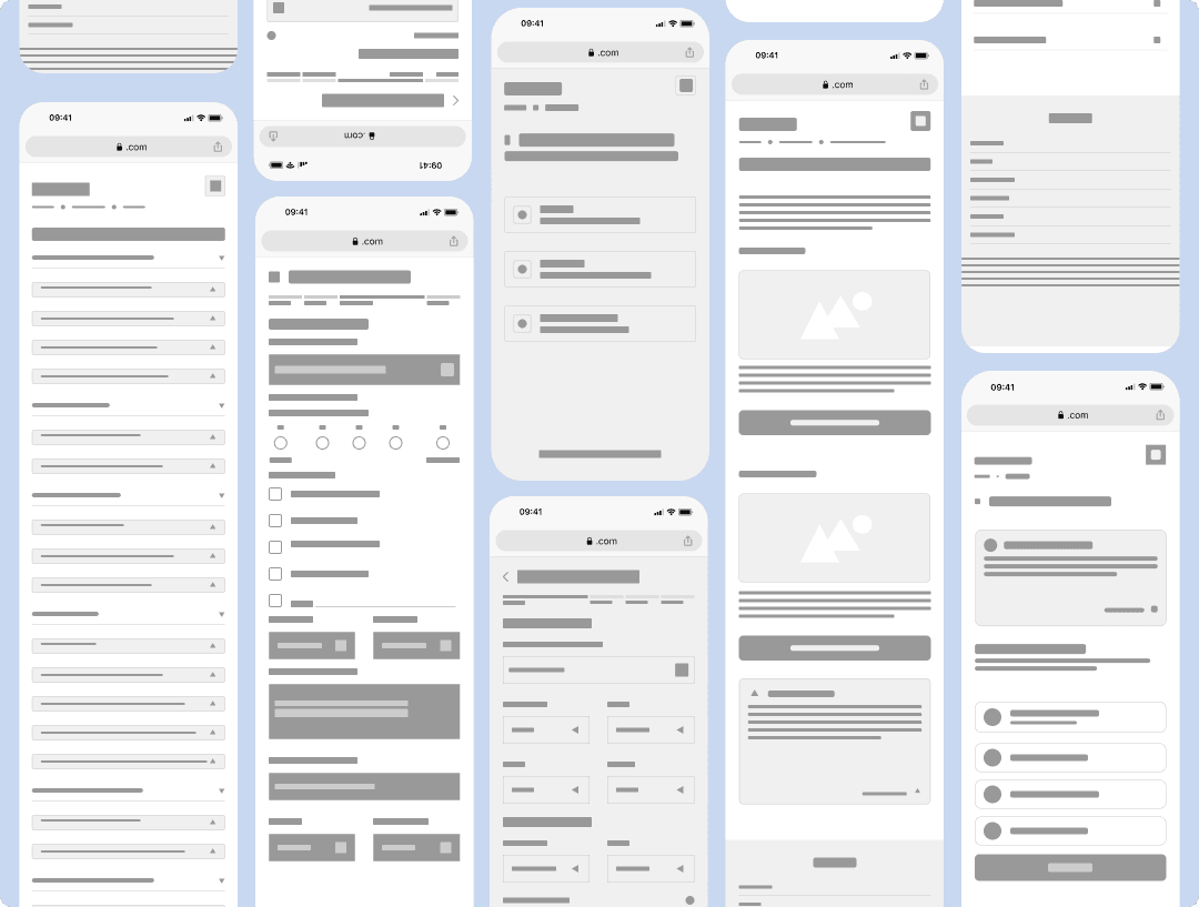 Composite of mobile app wireframes for the clinician reporting flow, FAQ, VAERS data, and onboarding screens