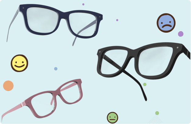 Three Emora glasses colorways in navy, graphite, and blush, surrounded by happy, sad, and calm emoji reactions