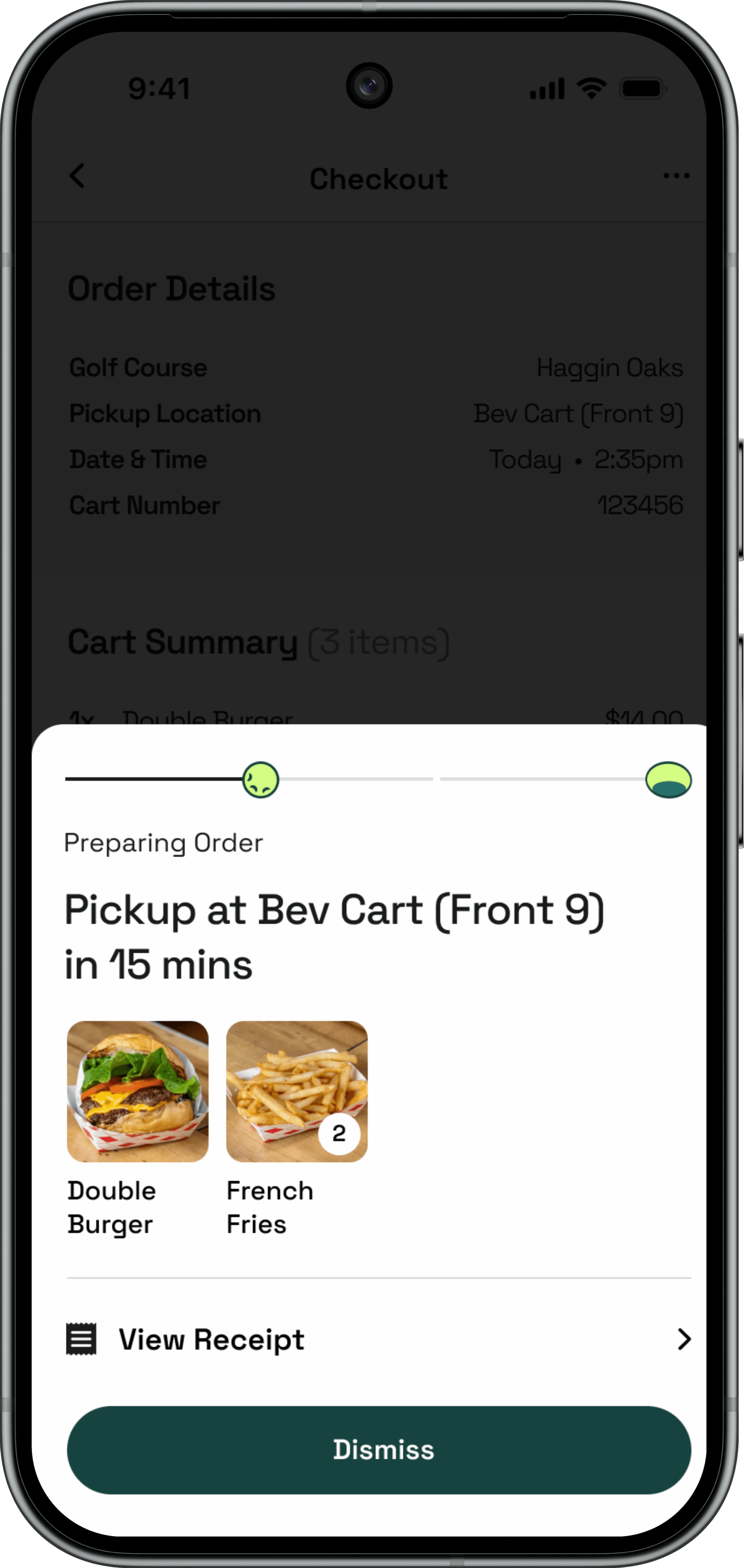 Clubhaus checkout screen showing a delivery progress bar with no live map