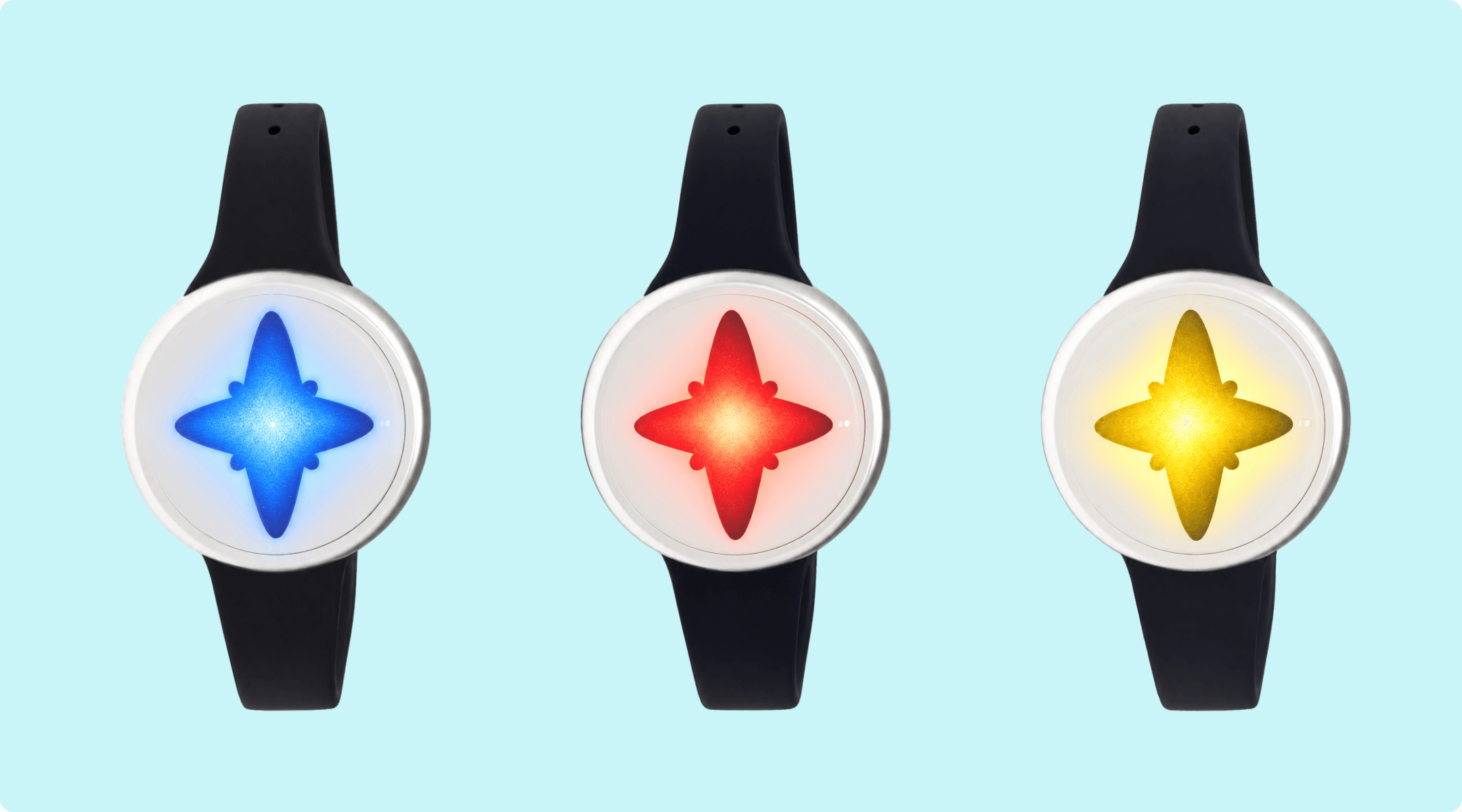 Three Emora bracelets on a teal background, each lit up with a glowing star icon in a different feedback color: blue, red, and yellow