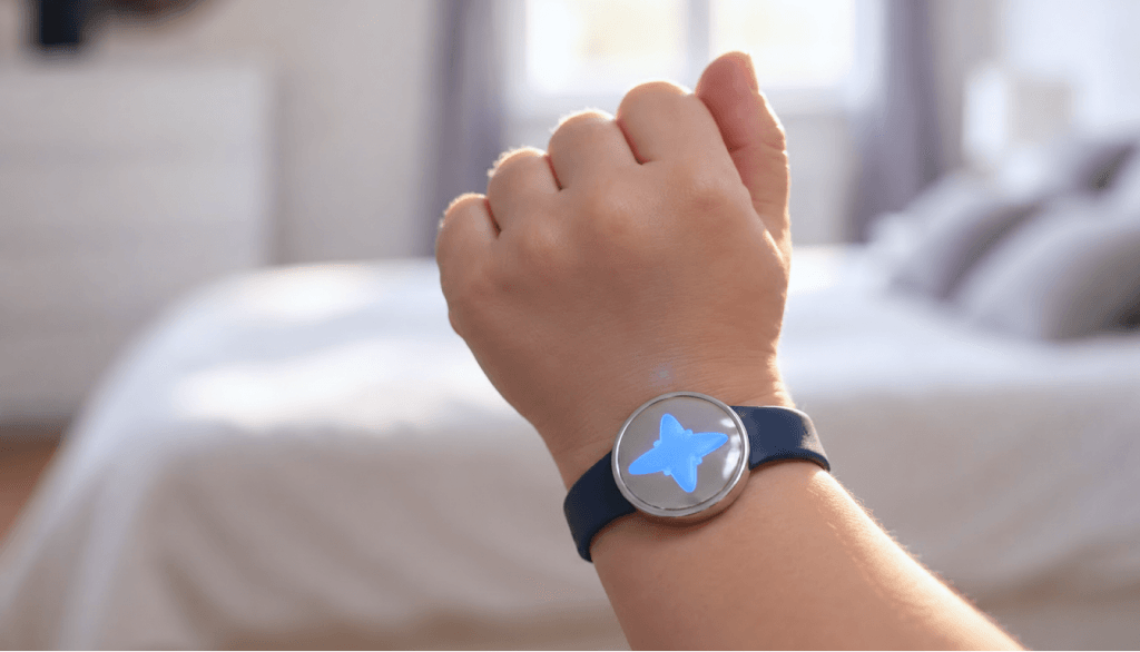 A child's wrist wearing the Emora bracelet, glowing with a soft blue butterfly icon to signal feedback