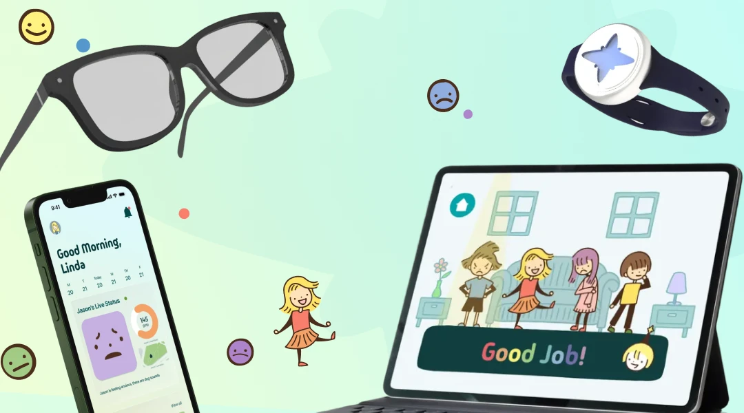 The Emora ecosystem: smart glasses, a haptic bracelet, a parent app showing a child's emotional status, and a kid-facing tablet app illustrating a family scene