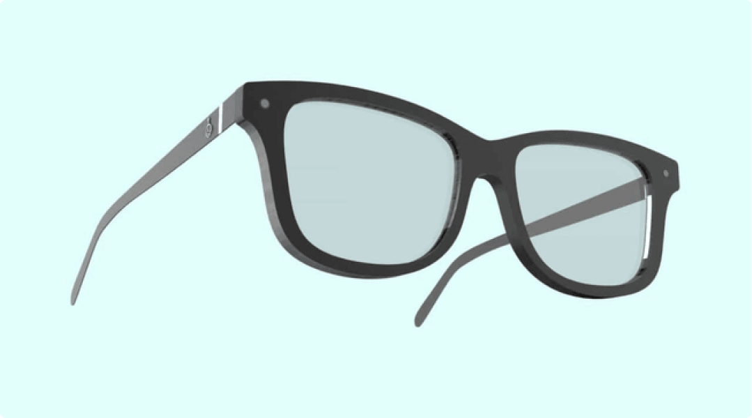 3D render of the Emora glasses in black with light blue lenses, viewed at an angle