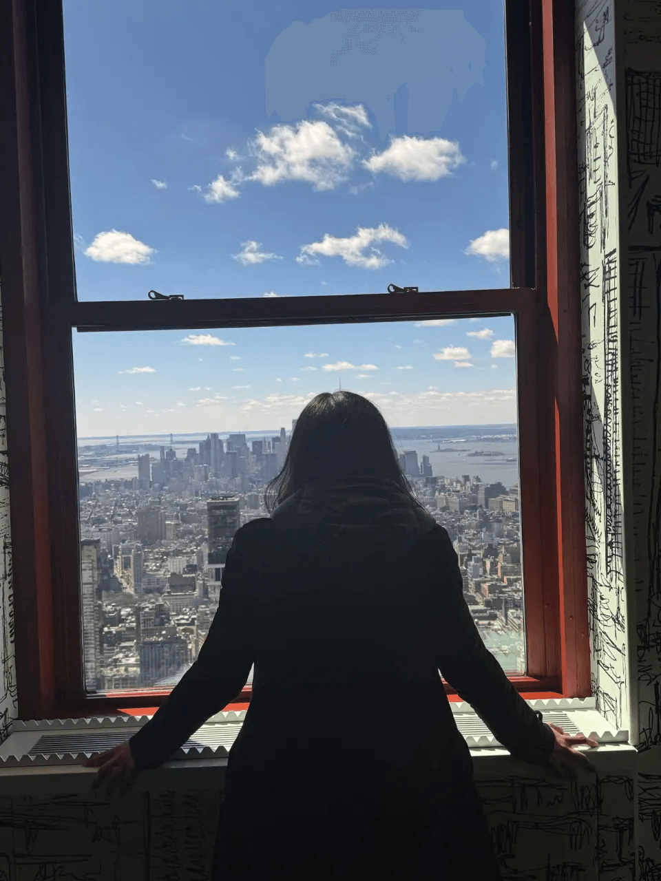 Audrey looking out over the city from an observation deck window