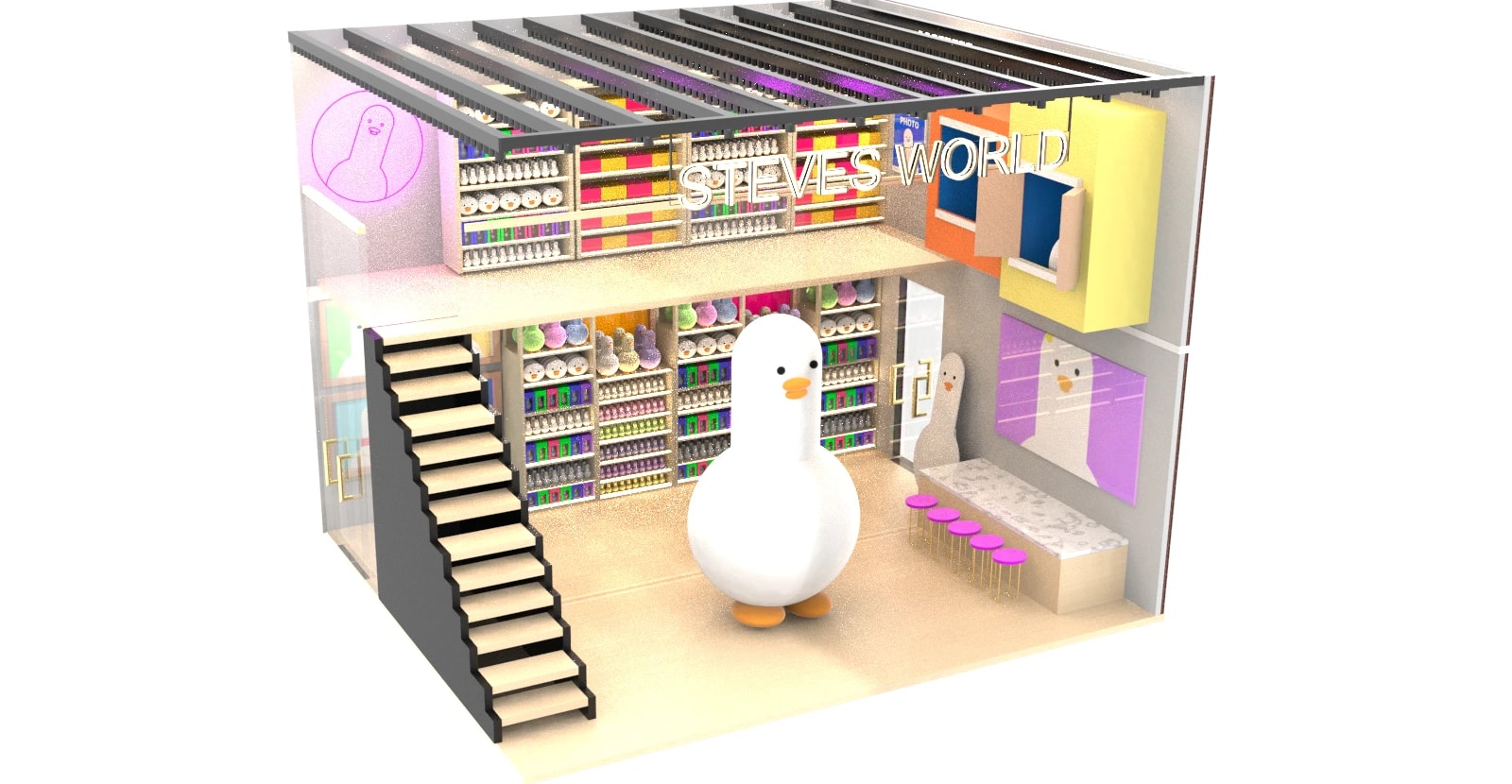 Steve's World diorama — a miniature 3D-rendered store interior with a mascot duck character